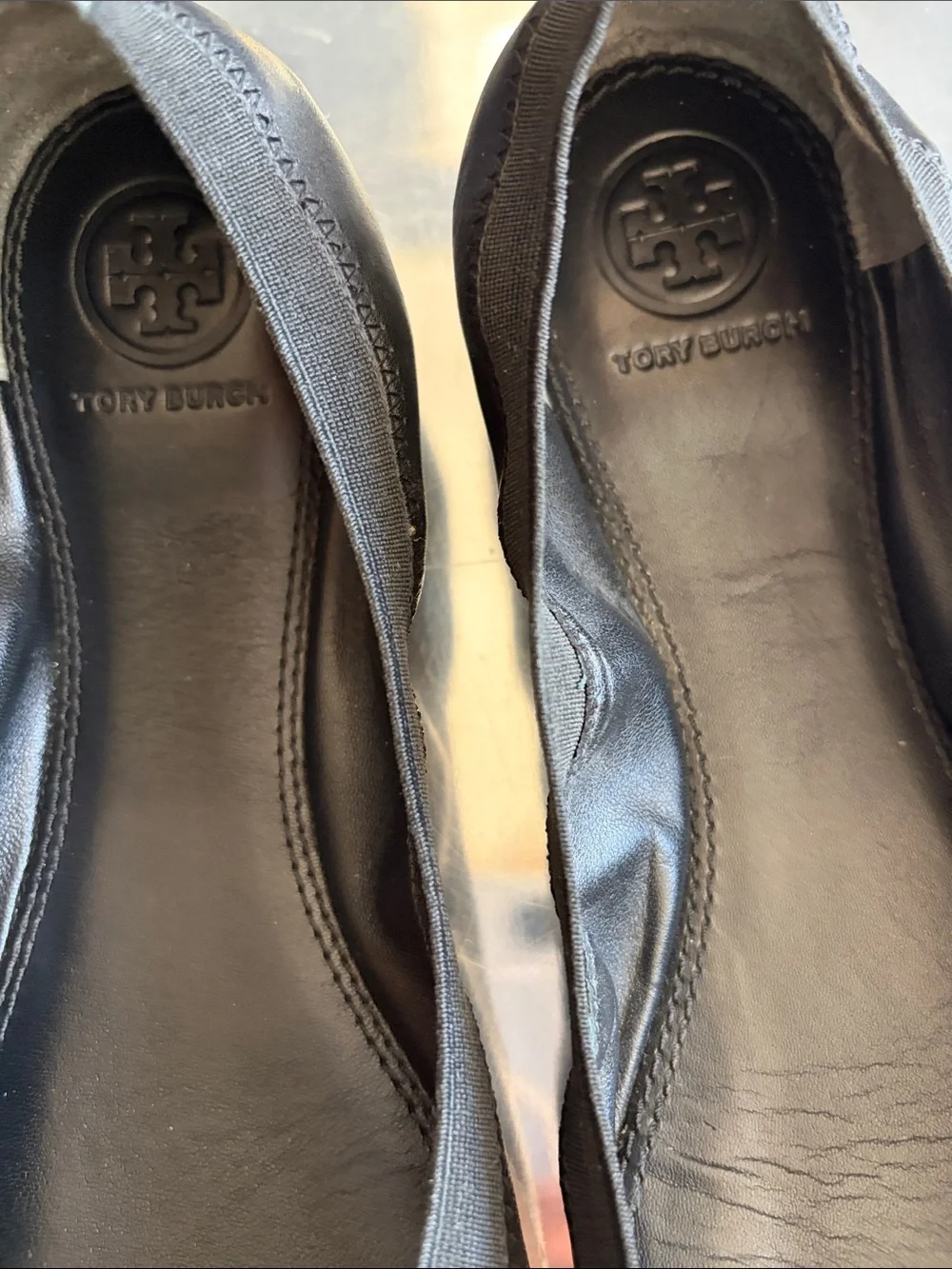 Tory Burch Black Ballet Flats with Gold Logo Cap